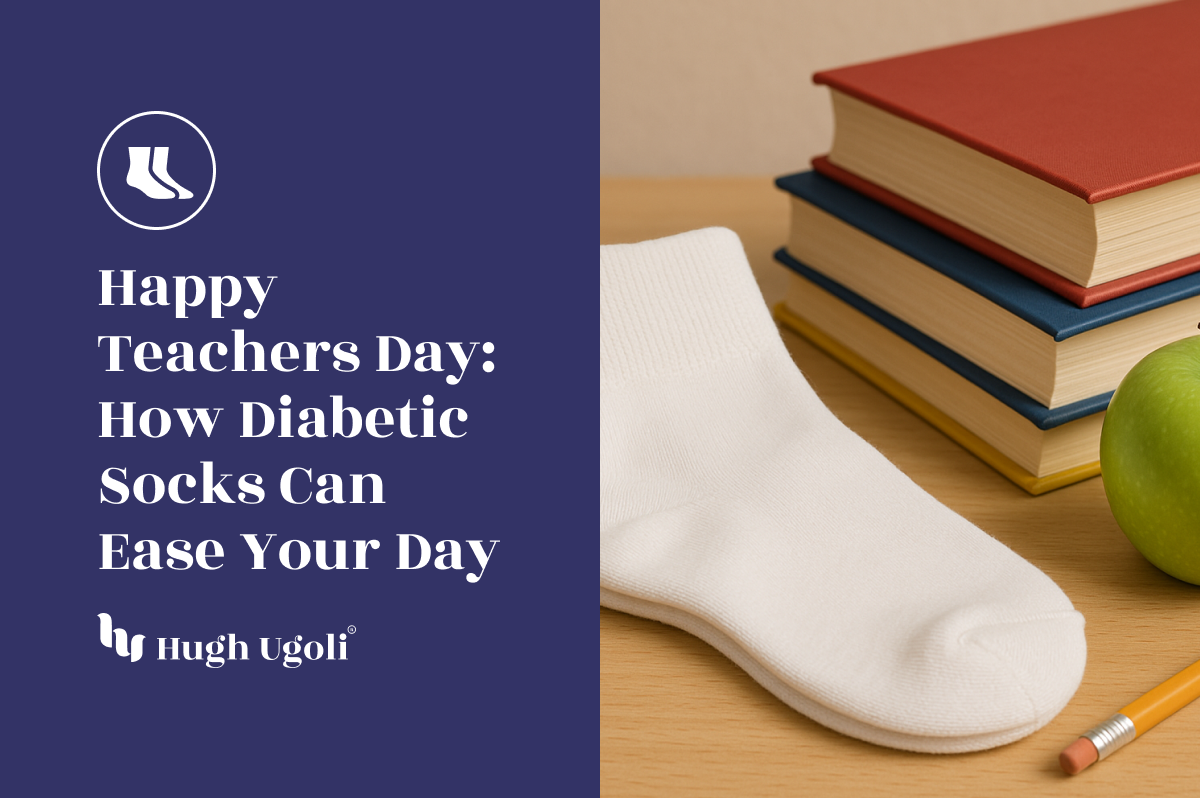 White diabetic sock placed on a teacher’s desk beside books, pencil, and apple — celebrating Teachers Day with comfort from Hugh Ugoli.